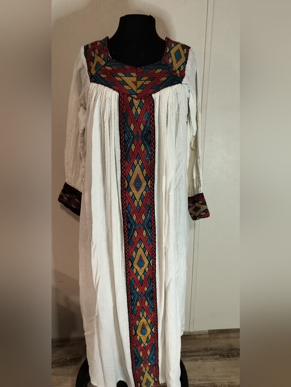 White Embroidered Long Sleeve Boho Maxi Dress with Multicolor Trim